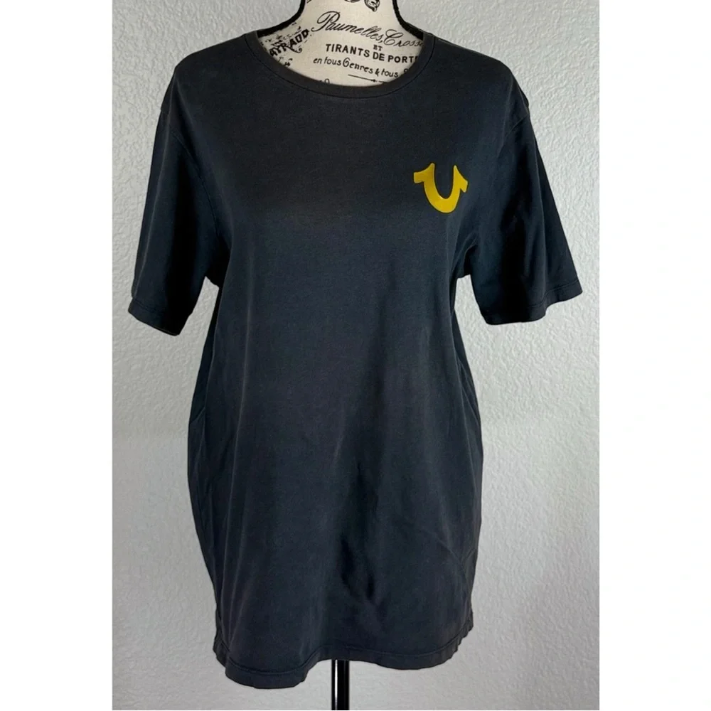 True Religion Distressed Black Buddha Logo Tee Shirt with Gold Emblem Medium